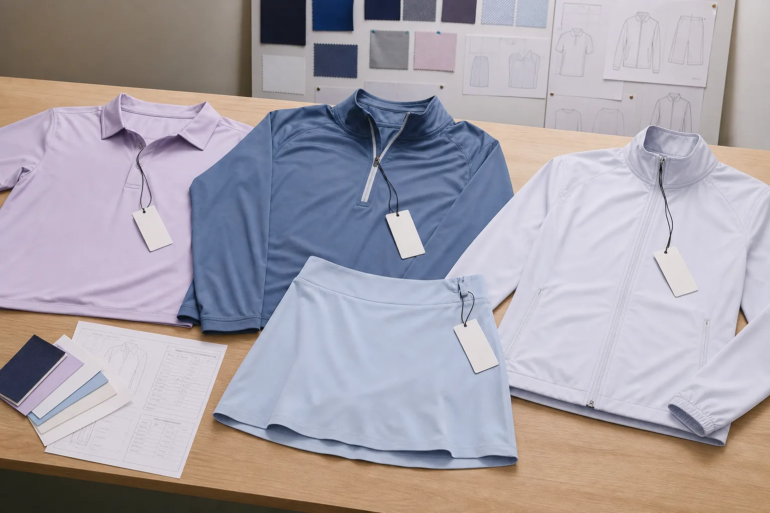 Custom golf apparel prototype samples arranged for fit review
