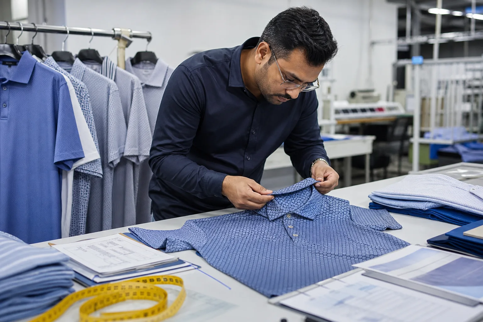 Quality inspector checking custom golf polo measurements during production