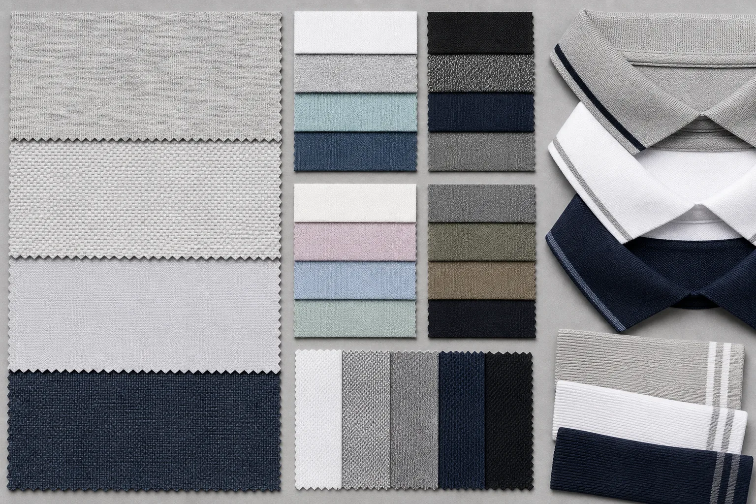 Comparison board of recycled fabric options for golf apparel