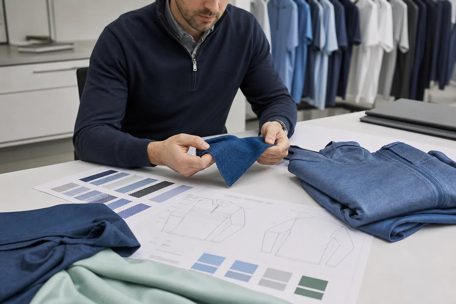 Buyer comparing a recycled fabric swatch with tech pack standards