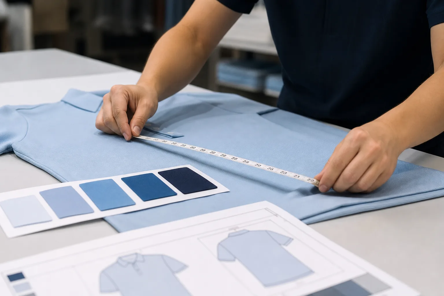 Golf apparel measurement and color comparison on a production table
