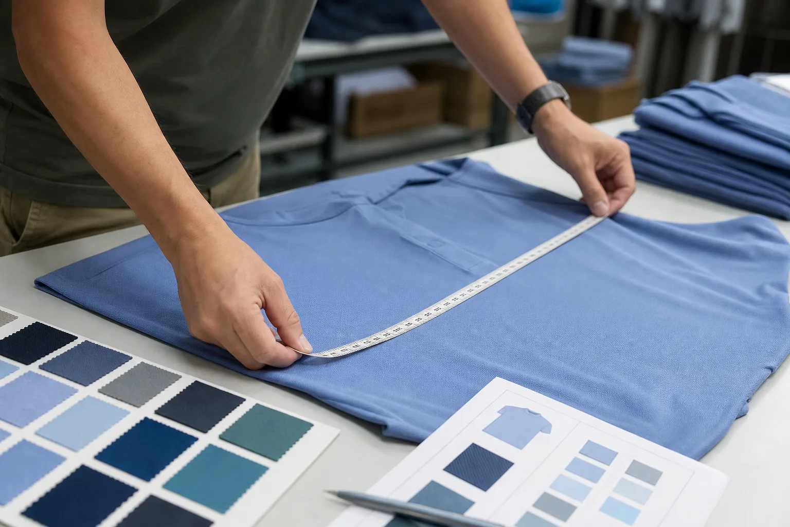 Golf apparel measurement and color comparison on a production table