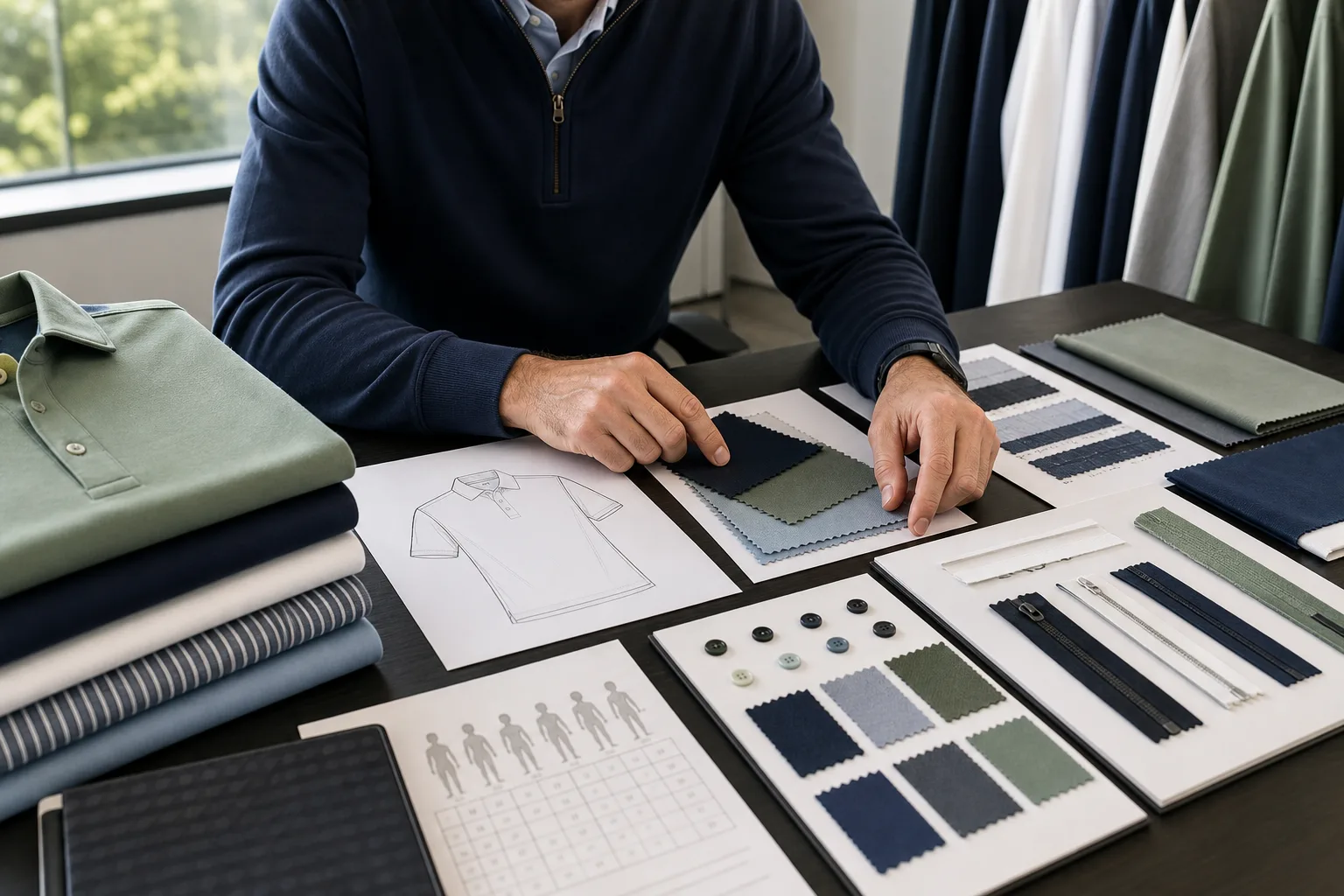 Buyer preparing a custom golf apparel quote with fabric swatches