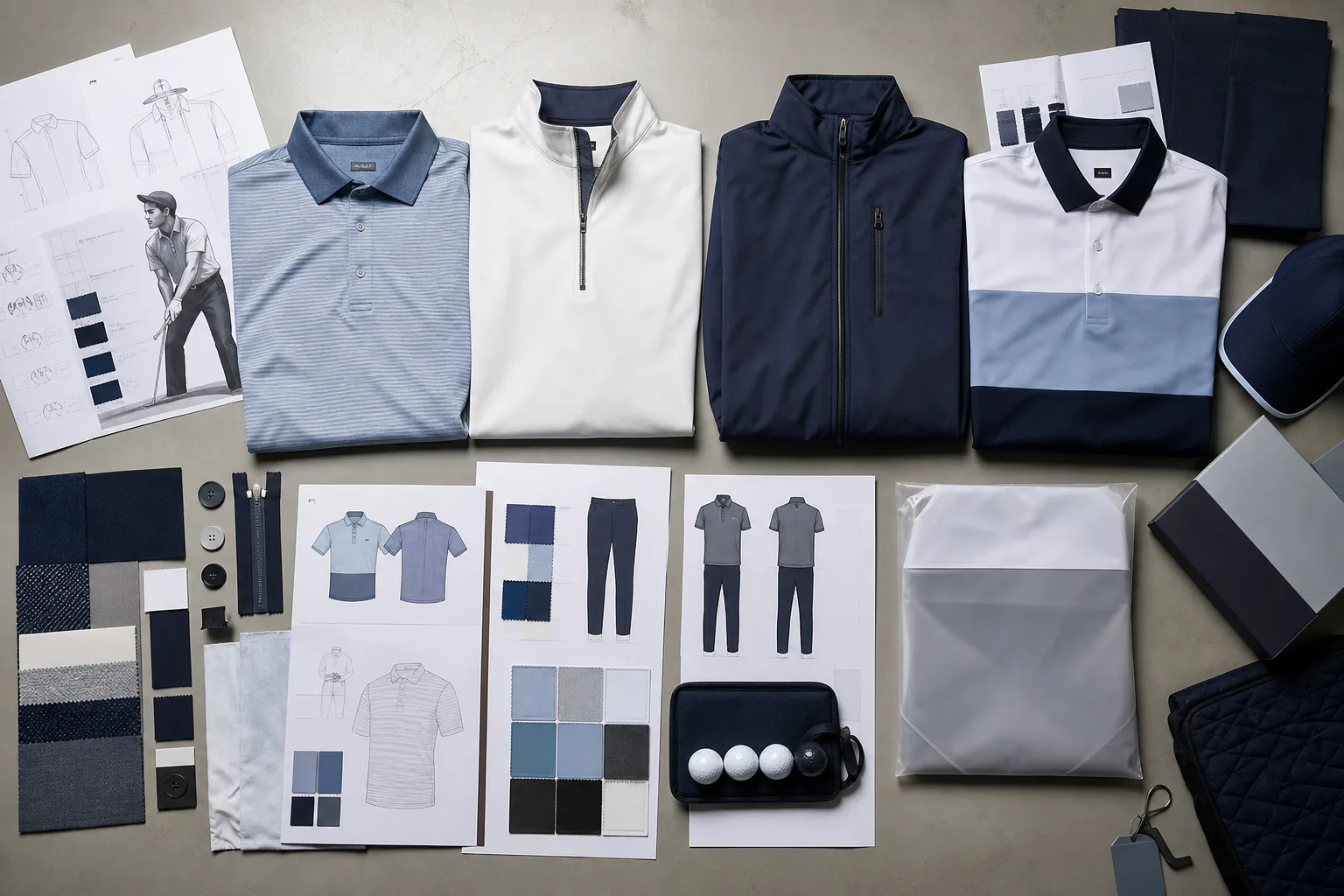 Golf apparel samples and planning materials arranged for quoting