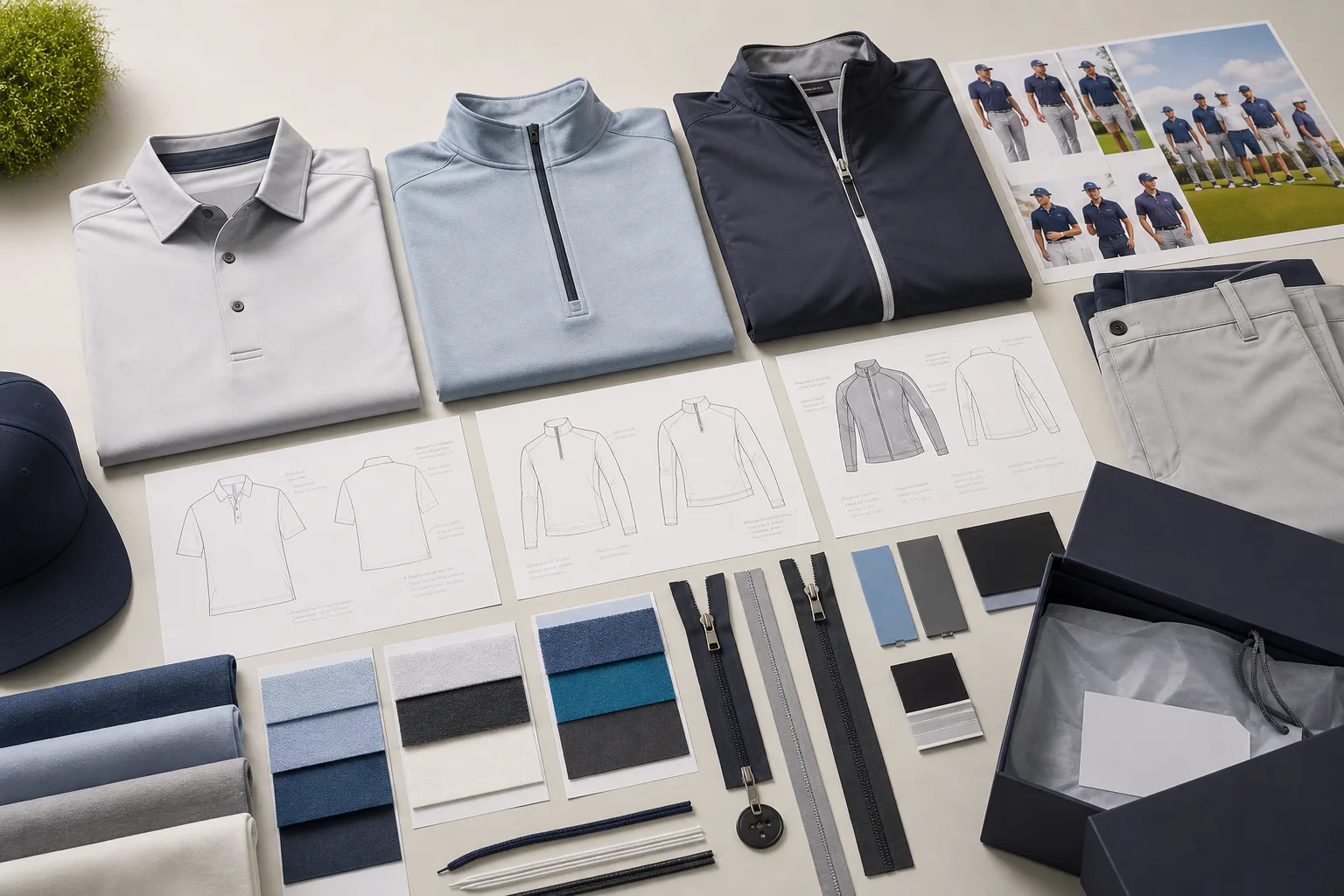 Golf apparel samples and planning materials arranged for quoting