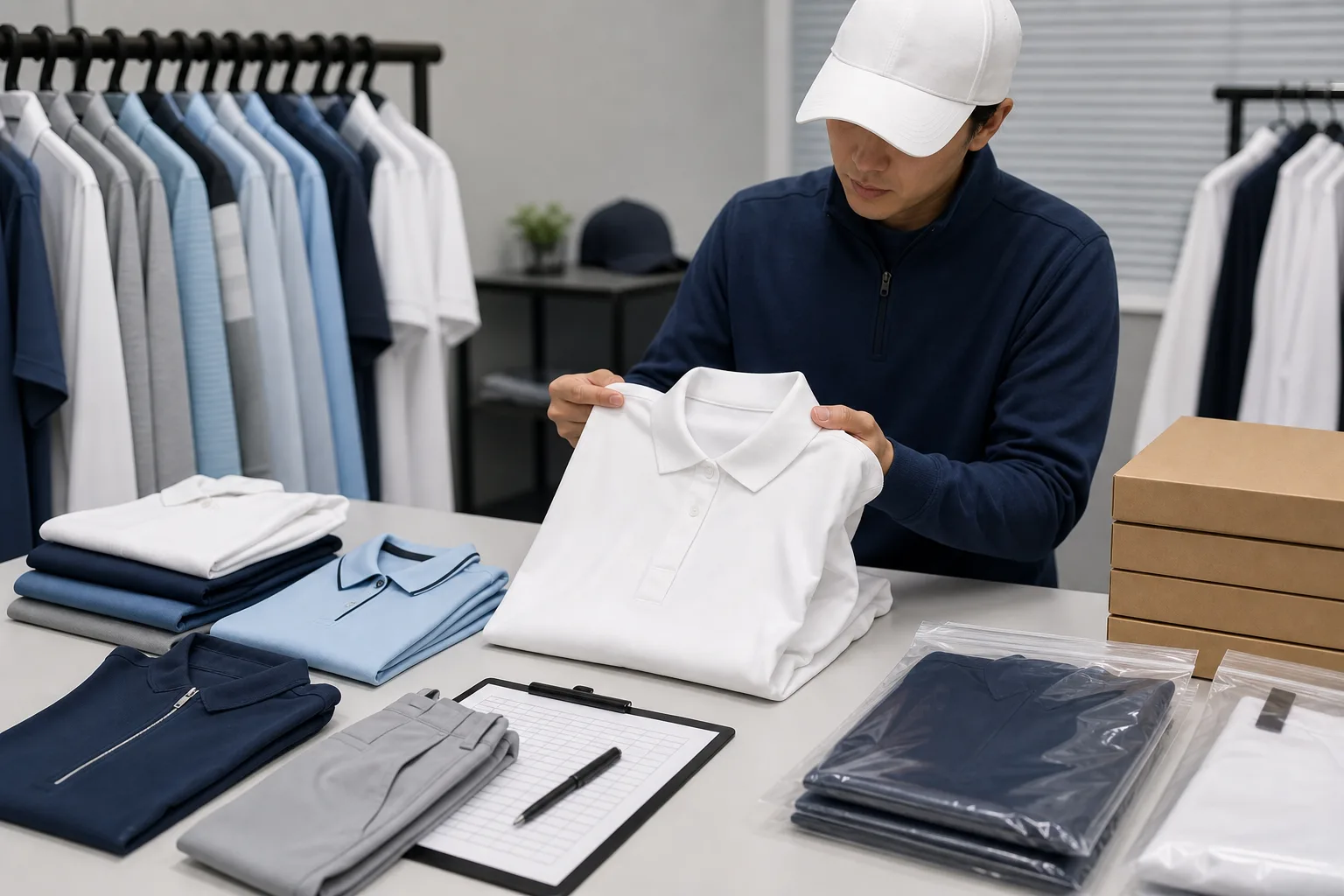 Quality control and packing for golf clothing manufacturing buyers