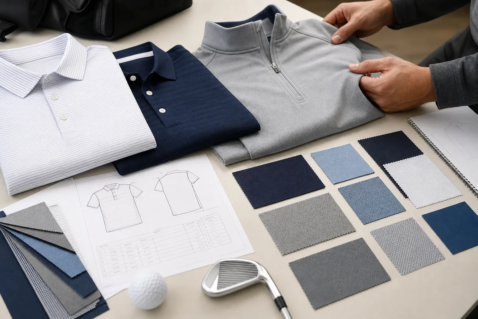 Custom golf apparel sample review with garments, swatches, and notes