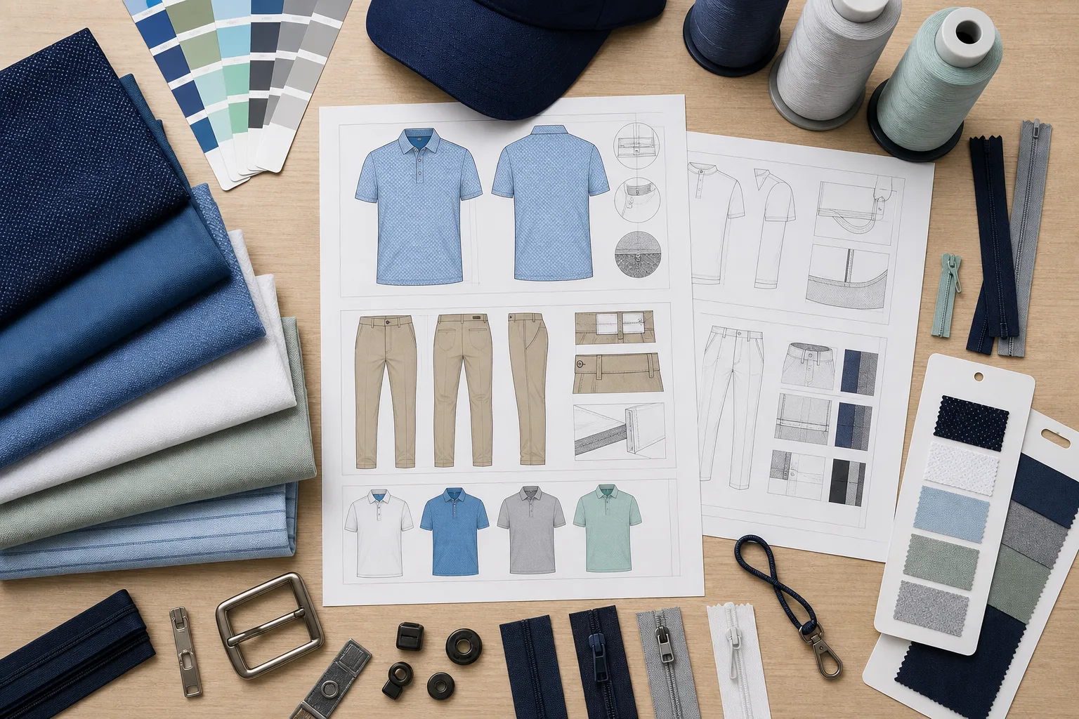 Tech pack, color chips, and fabric references laid out for sample submission