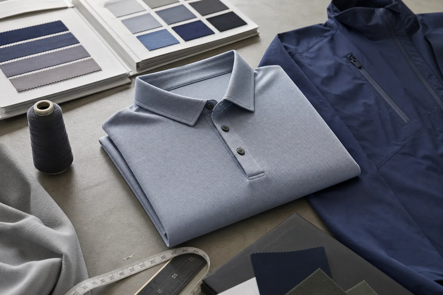 Golf apparel samples arranged with measurement tools on a worktable