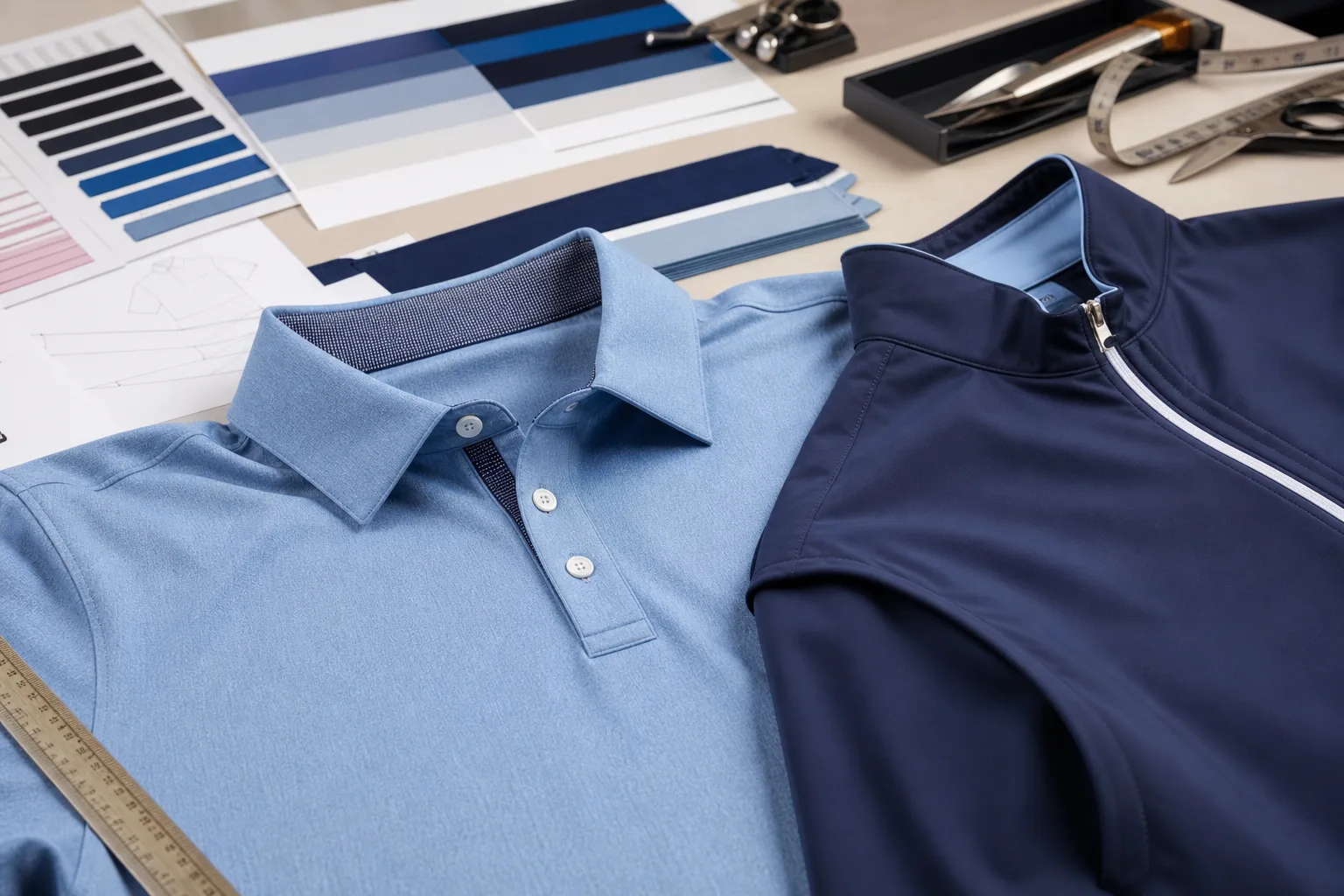 Golf apparel samples arranged with measurement tools on a worktable