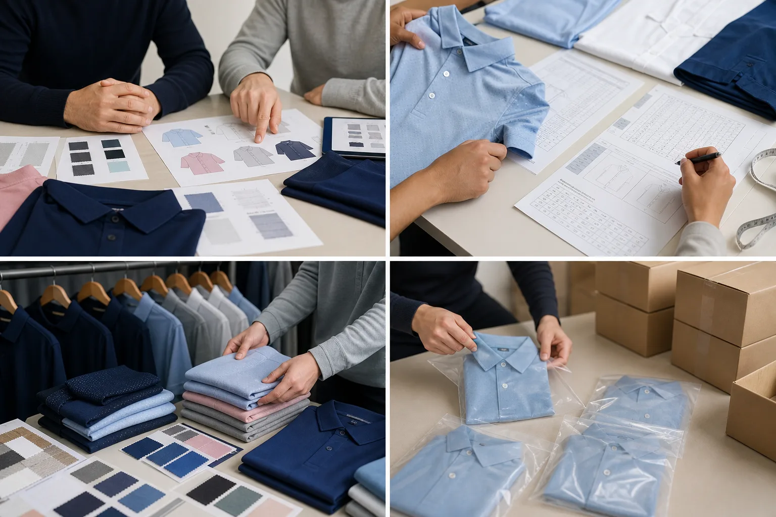 Four planning scenarios with golf apparel samples, calendars, and packaging notes