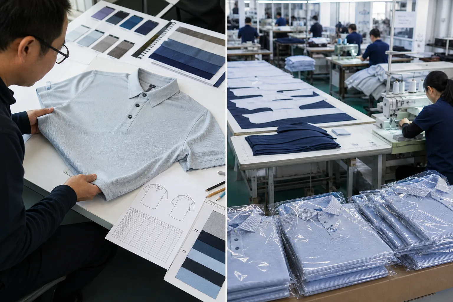 Apparel developer reviewing a golf polo sample beside a production workflow