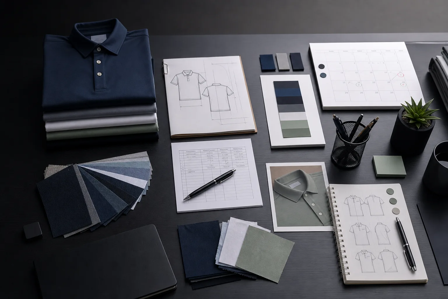 Golf apparel samples and planning materials arranged on a clean production desk