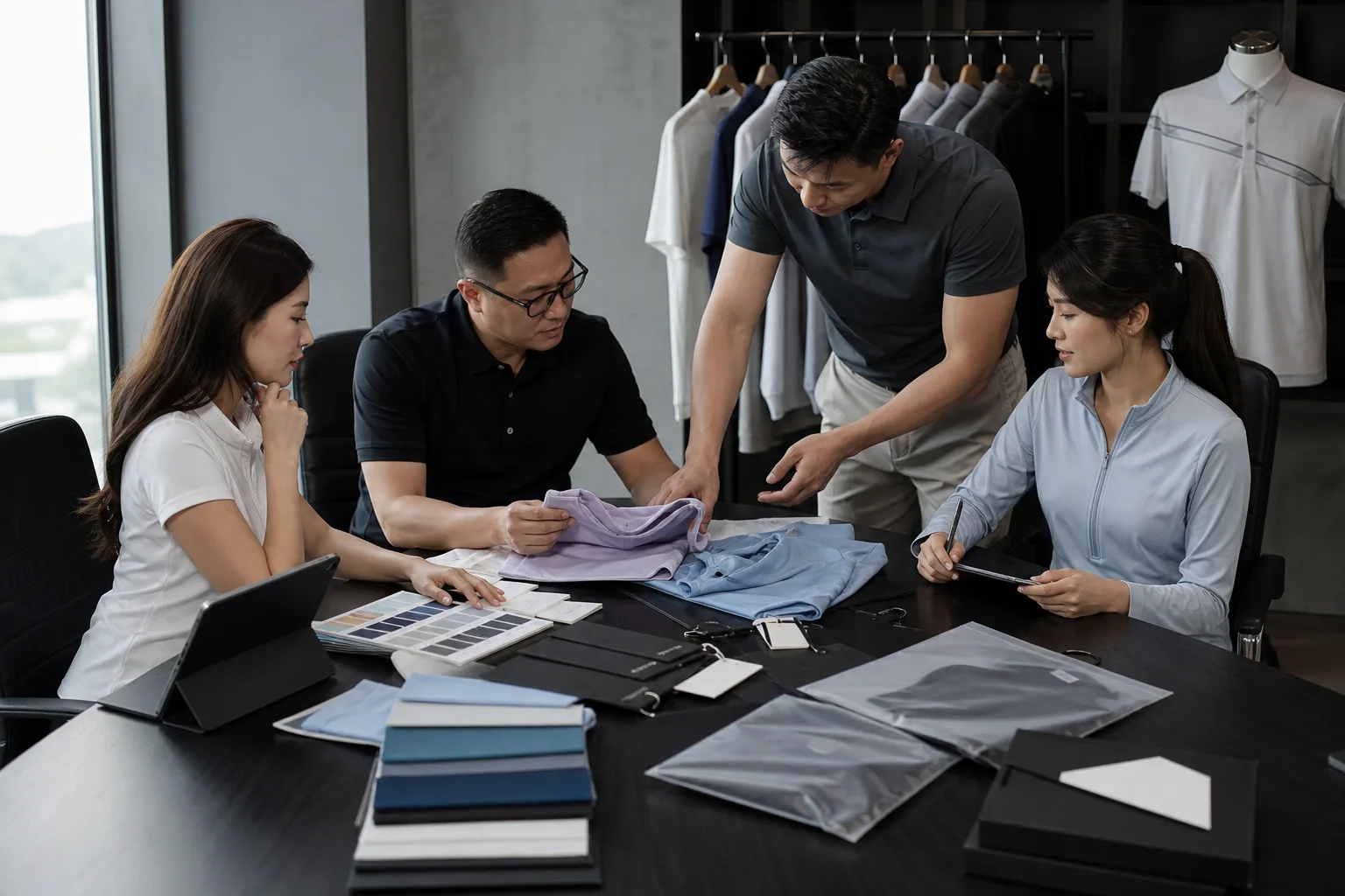 Golf apparel development team reviewing samples and branding details