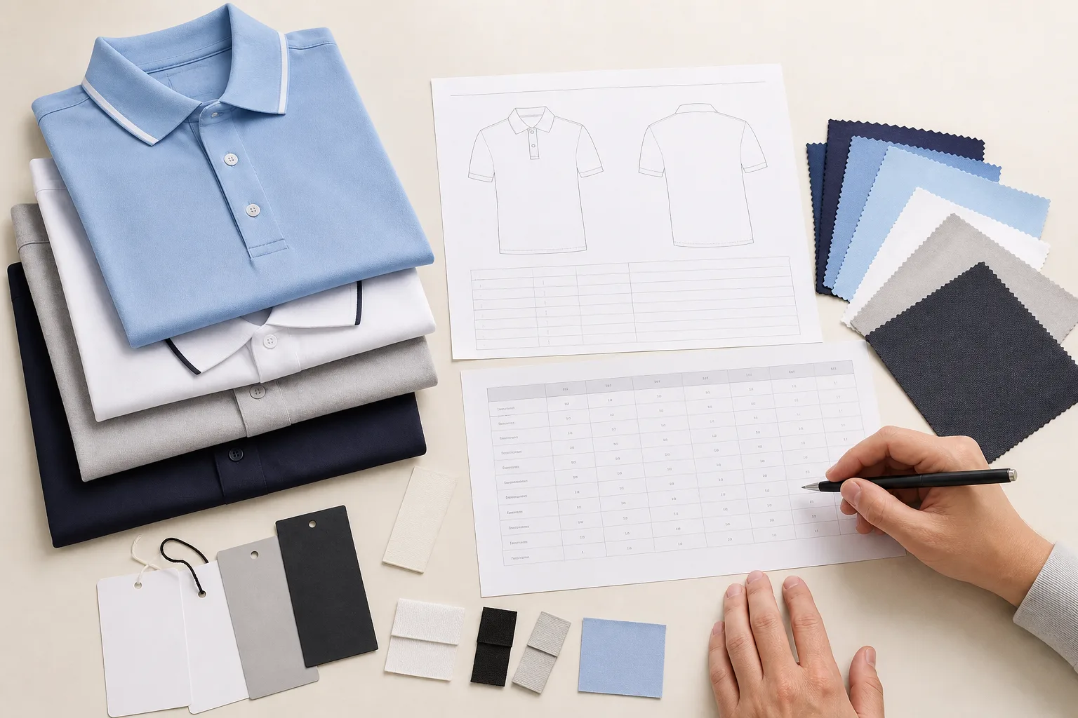 Private label golf apparel planning materials on a clean tabletop