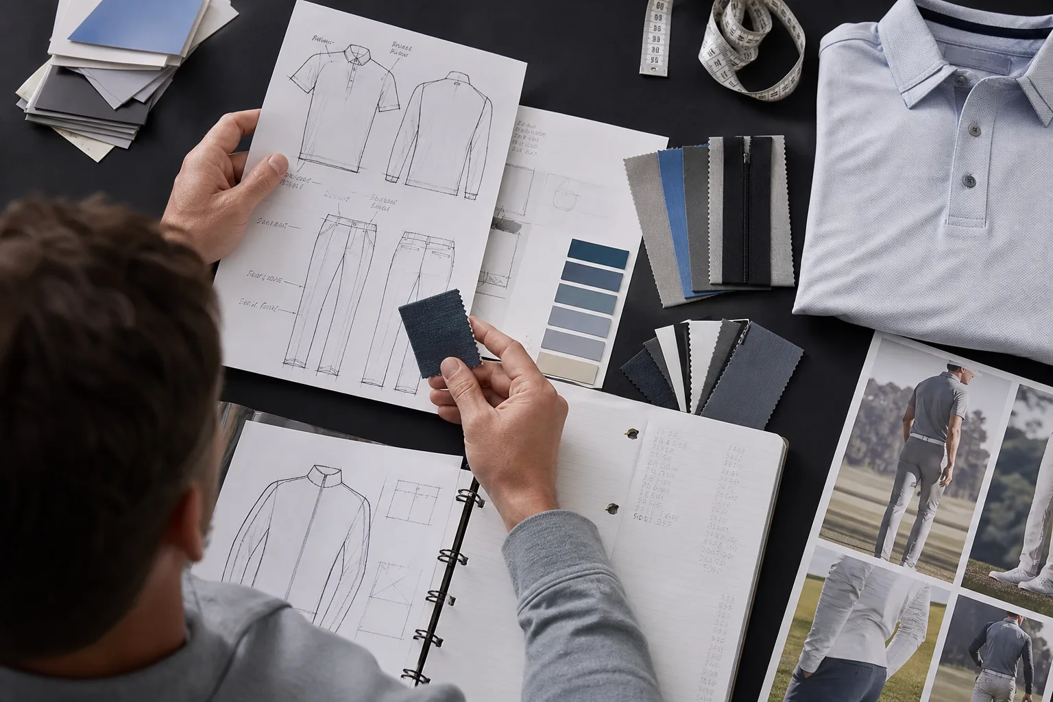Materials organized for a private label golf apparel collection