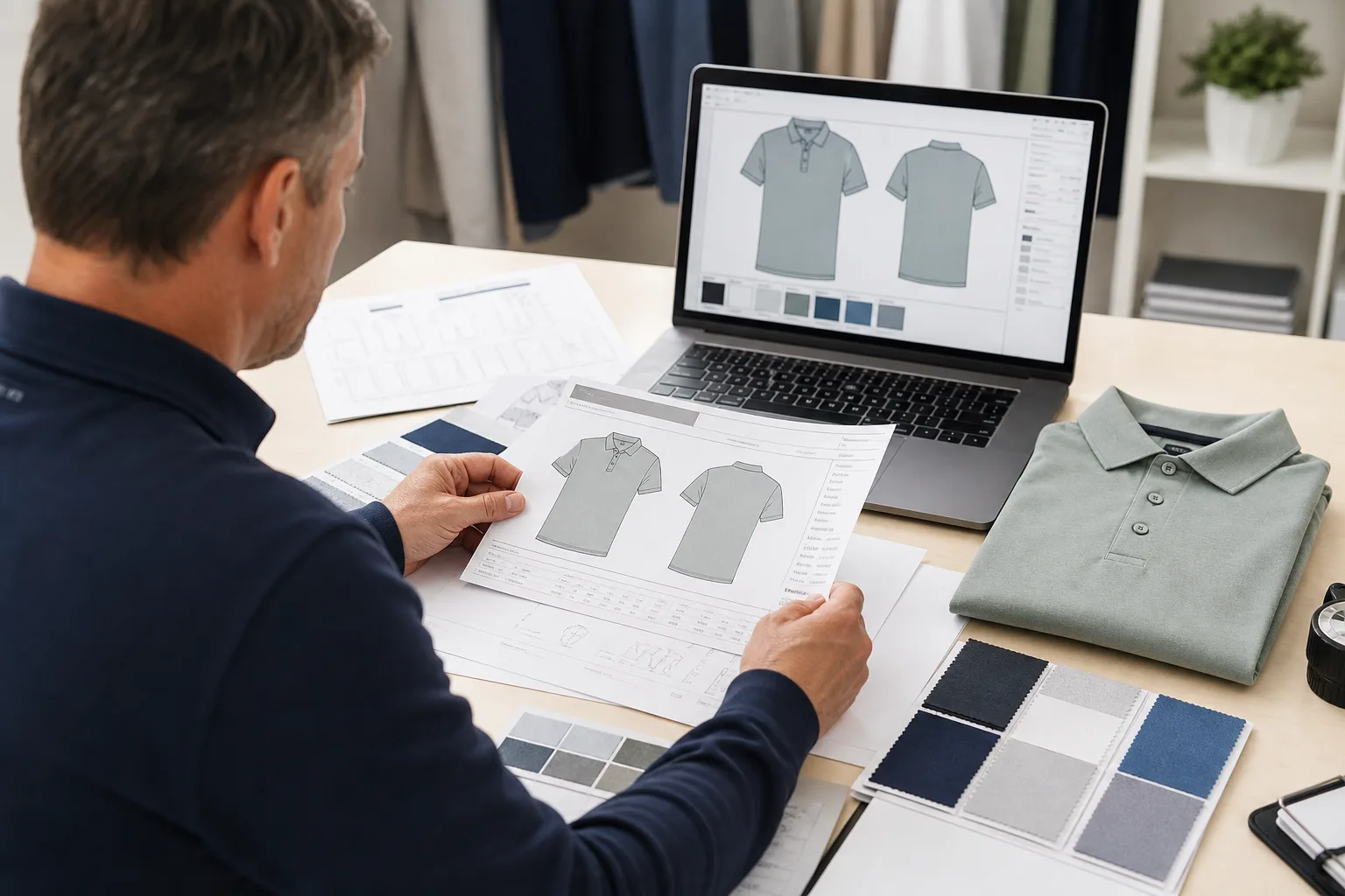 Product developer reviewing a golf apparel tech pack with sketches and swatches