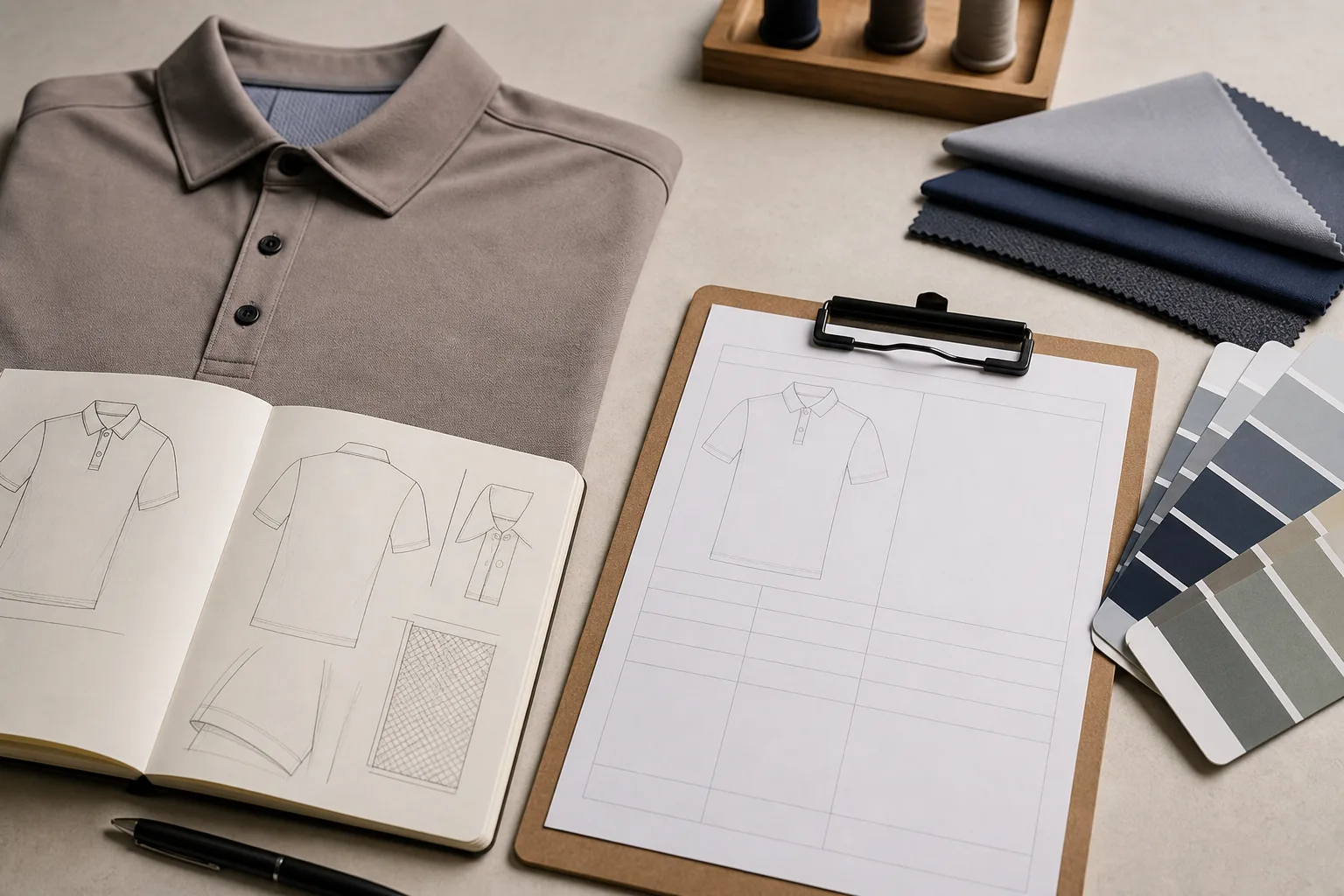 Early golf apparel concept with a reference garment, sketches, and color references