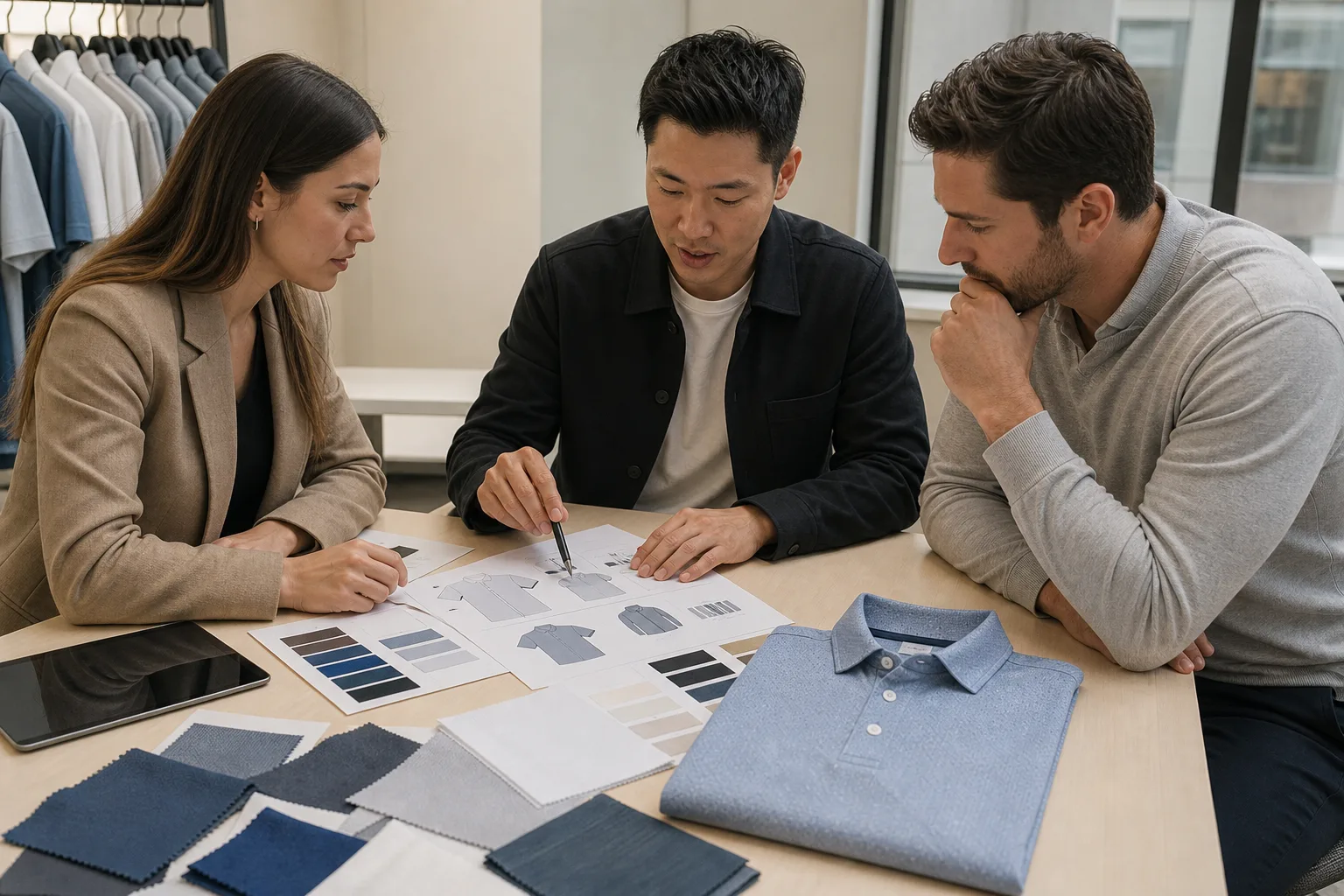 Team reviewing measurements, trims, and artwork on a golf apparel spec sheet